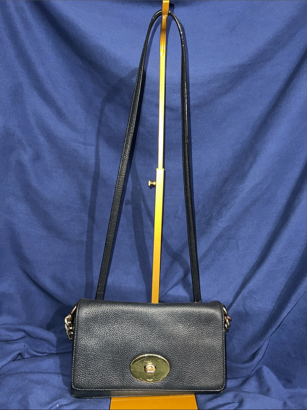 Classic Coach Navy Color Leather Shoulder Bag with Gold Hardware